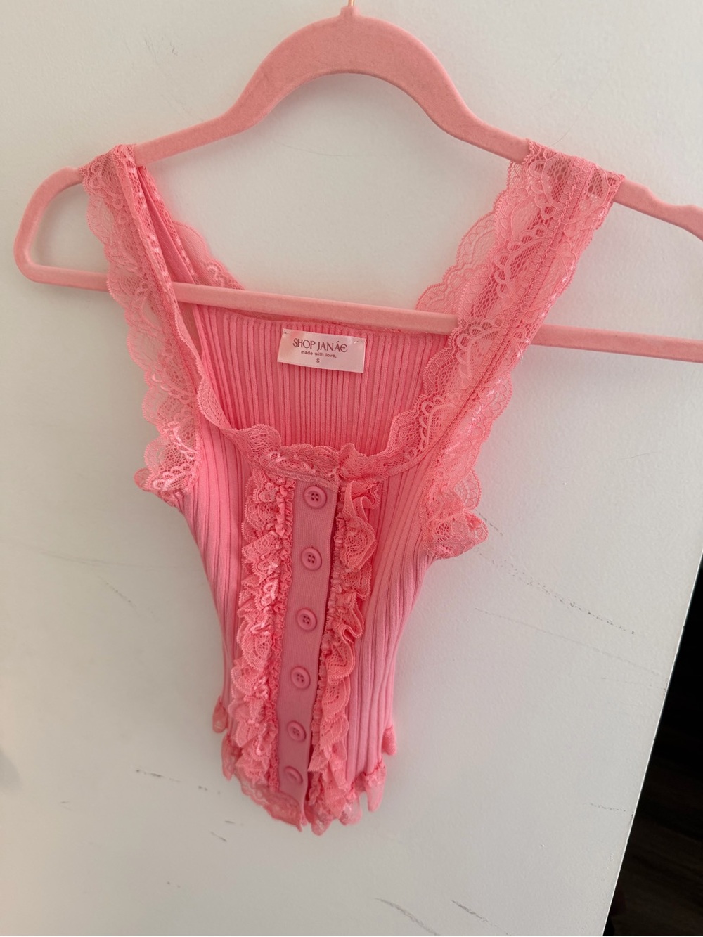 Shop JANIE Pink Lace Ribbed Button Tank